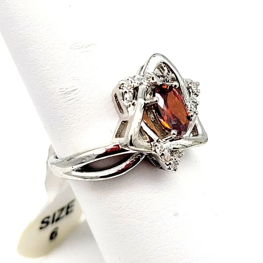 Sz 6 Star of David Ring Cubic Zirconia's Faux Rustic Red Oval Stone Silver Plate